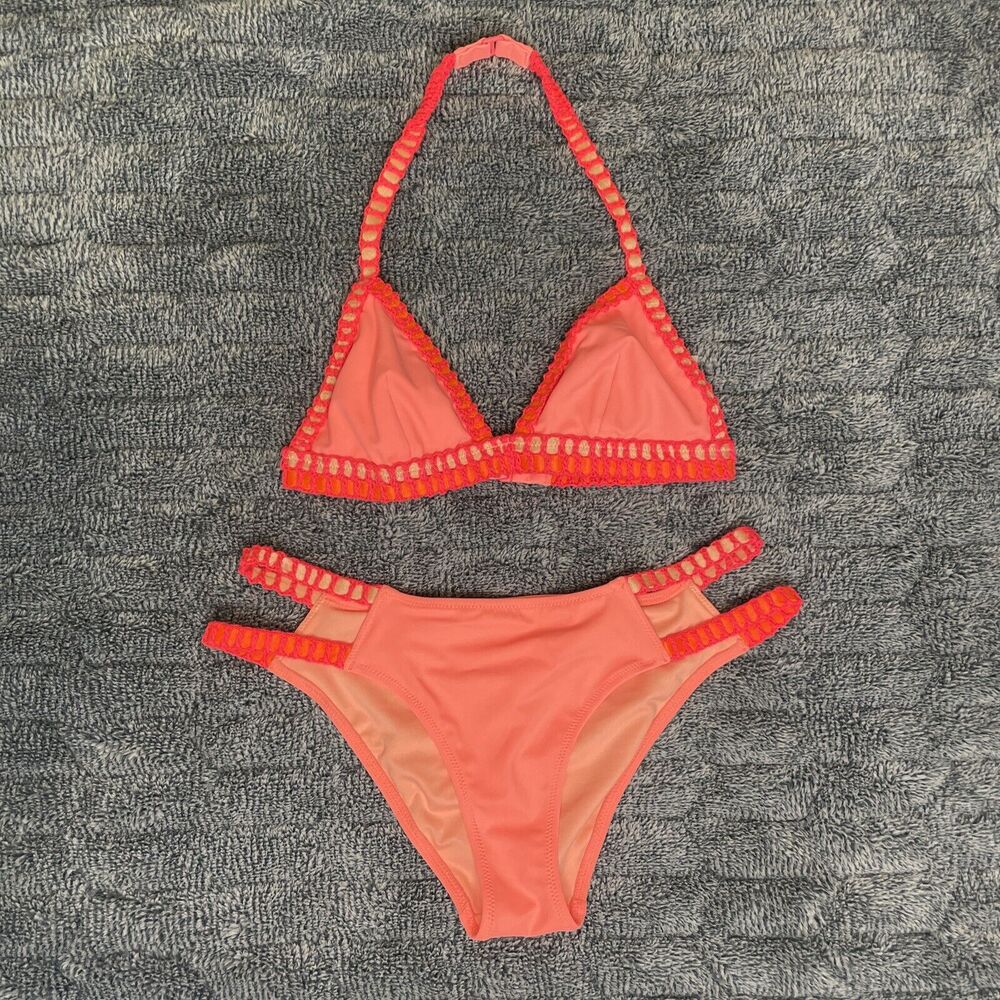 Victorias Secret Triangle Crochet Bikini Top XS & Bottom S Swimwear Neon Pink